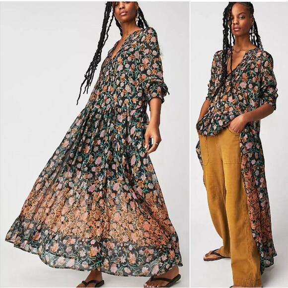 NEW Free People See It Through Dress Black Floral Combo Flowy Maxi MD Romantic - Picture 1 of 13